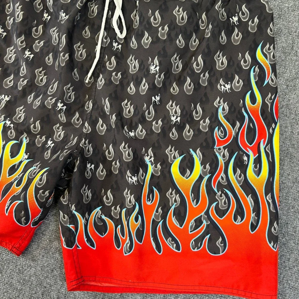 Big Dogs Mens Flame Print Swim Trunks XL Grey Red Fire Logo Board Shorts Y2K